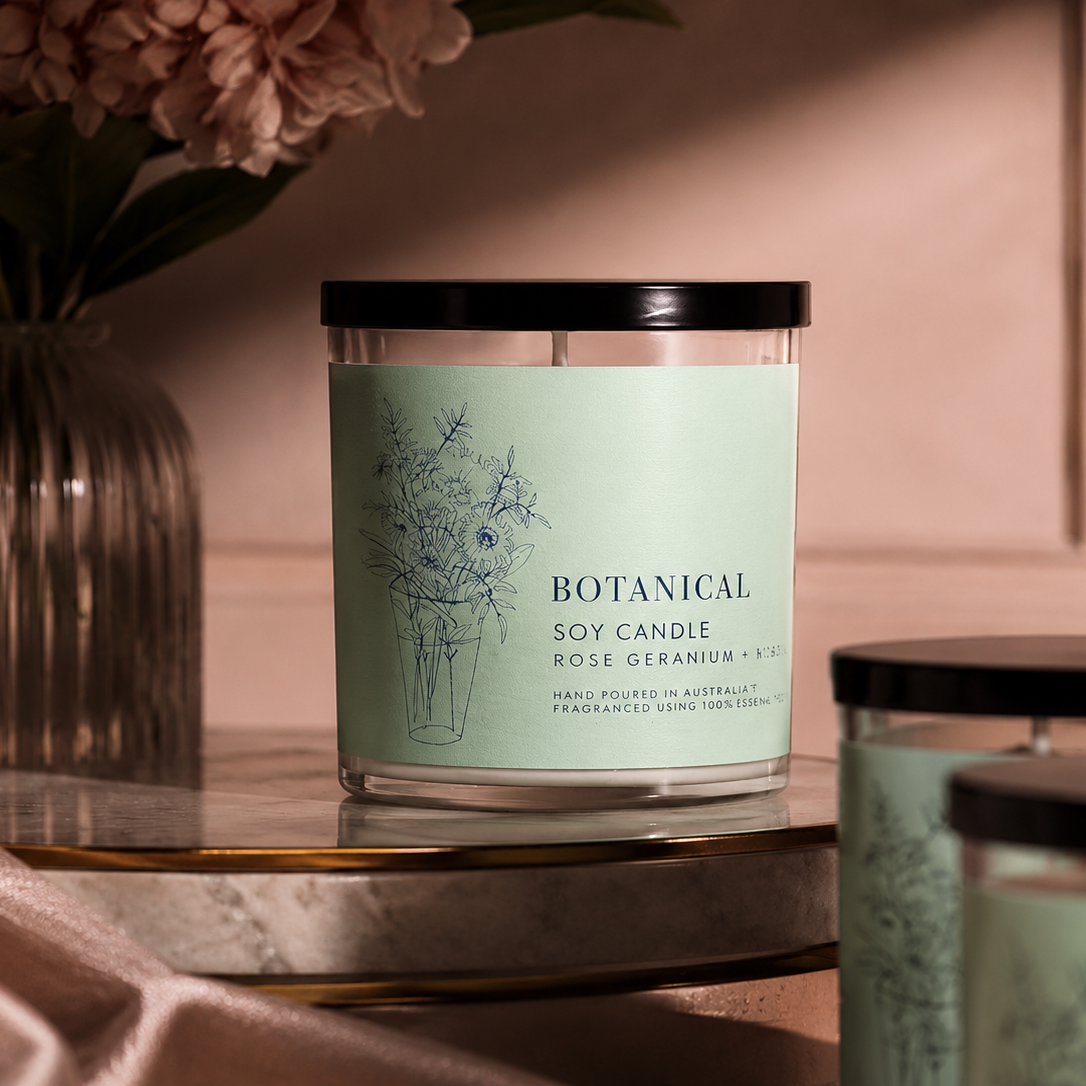 Botanical Rose Geranium, Mint + Verbena Soy Candle