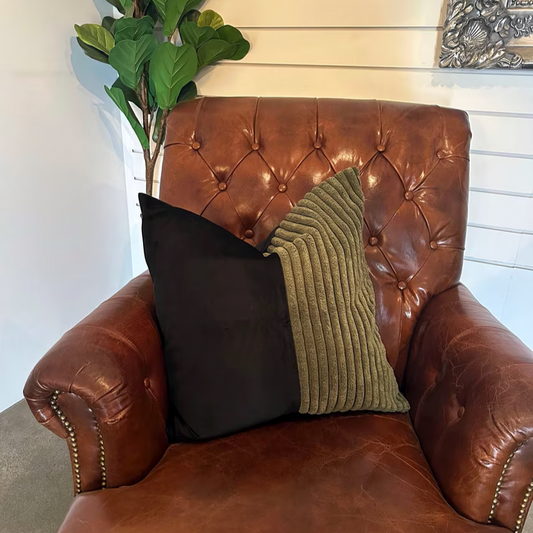 Patchwork Cushion Square Black Green Corduroy Velvet