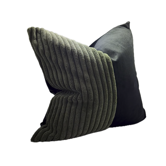 Patchwork Cushion Square Black Green Corduroy Velvet